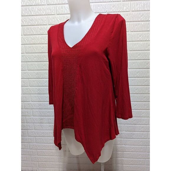 Adrianna Papell Women's Red V-Neck 3/4 Sleeve Asymmetrical Hem Blouse Size S - Picture 1 of 5